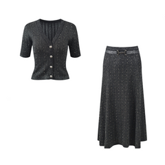 Hot Stamping Diamond V-Neck Top + Midi Skirt