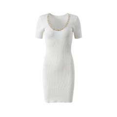 Scoop Neck Nail Bead Slim Fit Short Sleeved Dress