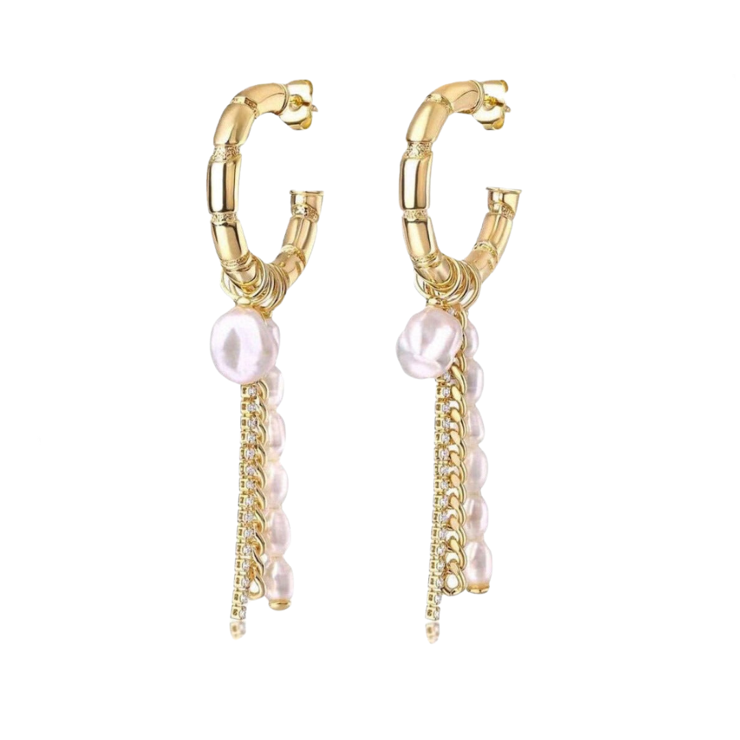 Vintage Pearl Pendant Zircon Fringe Earrings
