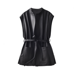 Waist Cinched Leather Sleeveless Coat