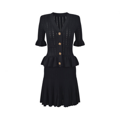Solid V-Neck Diamond Buckle Ruffle Edge Knit Dress