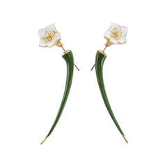 Green Long Enamel Sculpture Flower Shaped Earrings