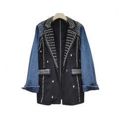 Rivet Diamond Denim Spliced Loose Jacket