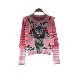 Ruffled Edge Bead Jacquard Kitten Knitted Sweater