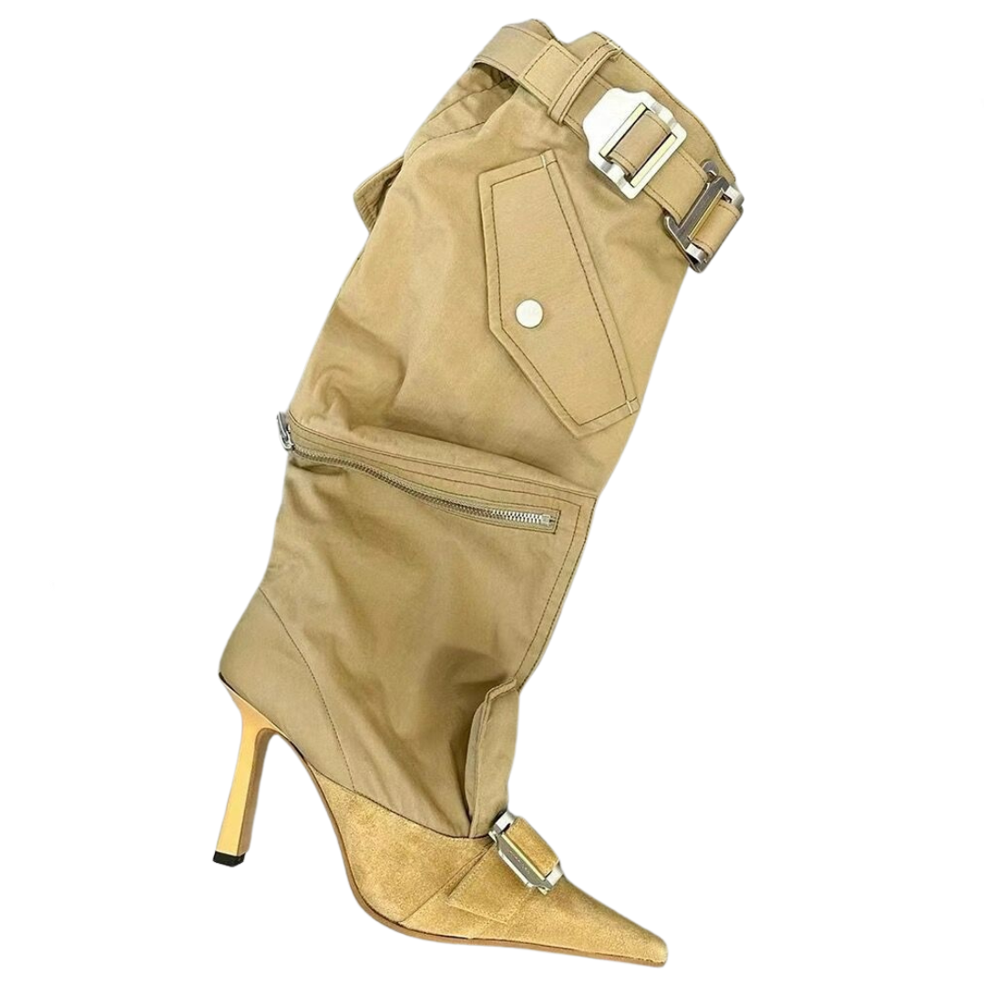 Knee Length Belt Buckle High Heel Boots