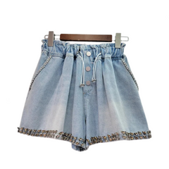 Diamond Studded High Waist Wide Leg Denim Shorts