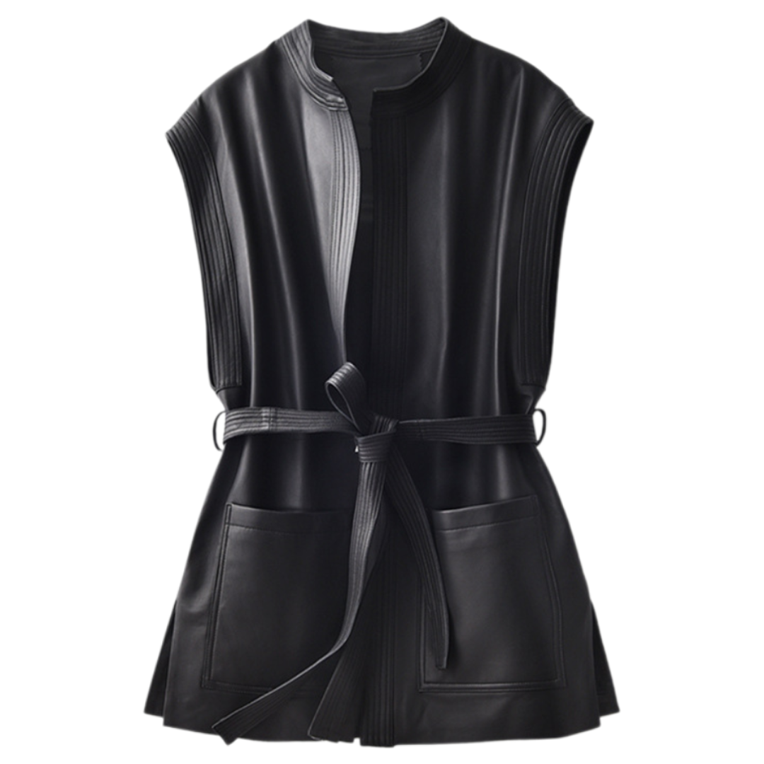 Waist Cinched Leather Sleeveless Coat