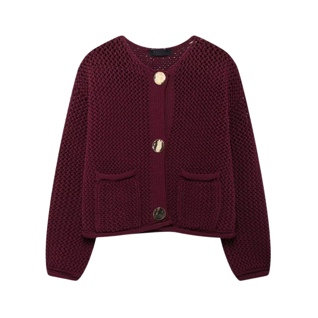 Solid Round Neck Long Sleeve Knitted Cardigan