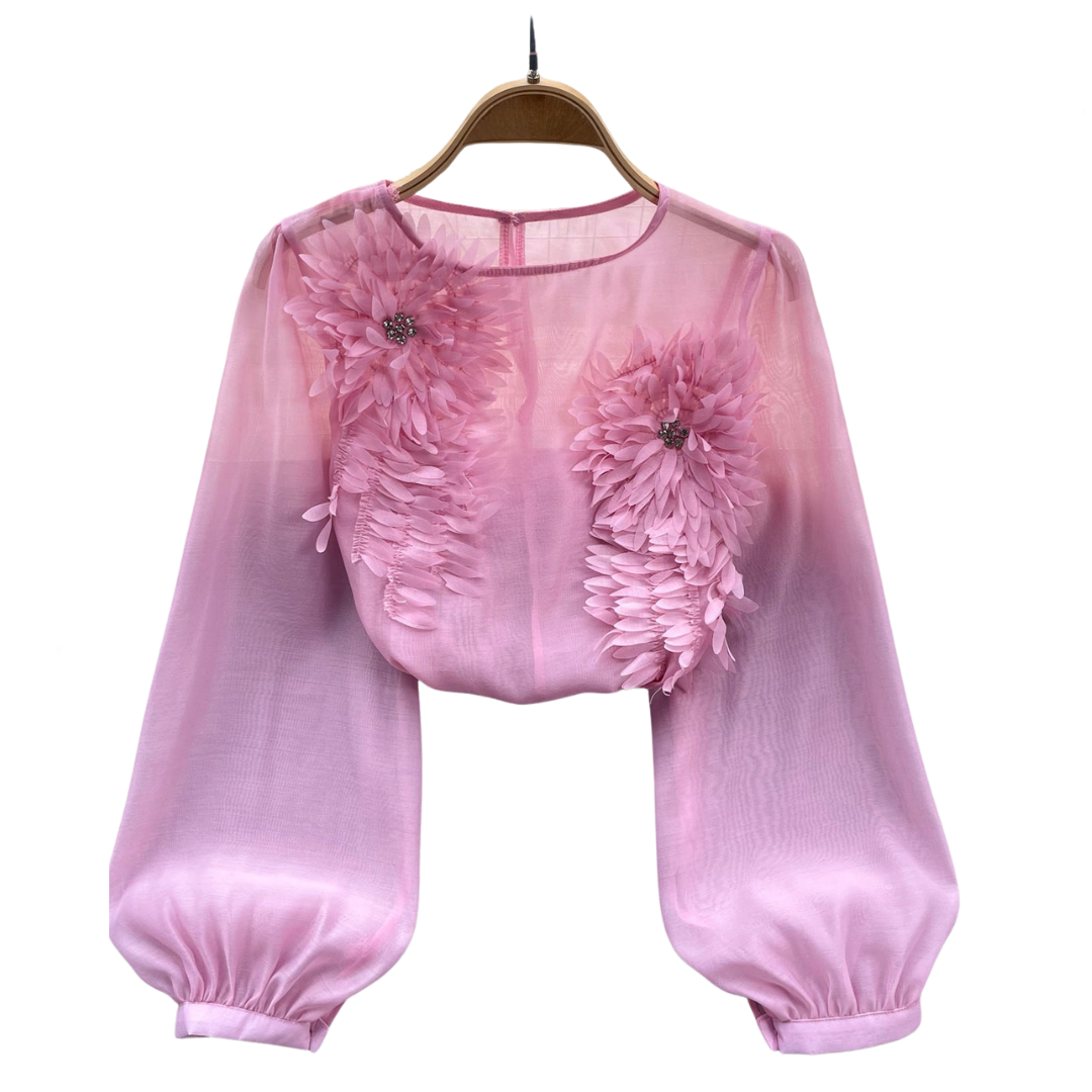 3D Flower Slim Fit Bubble Sleeve Blouse