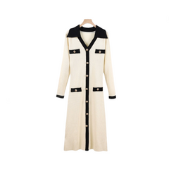 Color Block V-Neck False Pockets Knitted Midi Dress