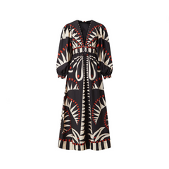 Vintage Print V-Neck Lantern Sleeve Maxi Dress