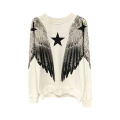 Hot Stamping Diamond Large Wings Round Neck Sweatshirt