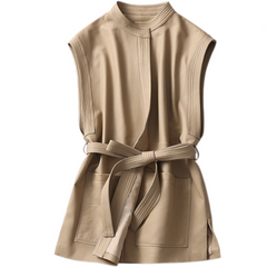 Waist Cinched Leather Sleeveless Coat