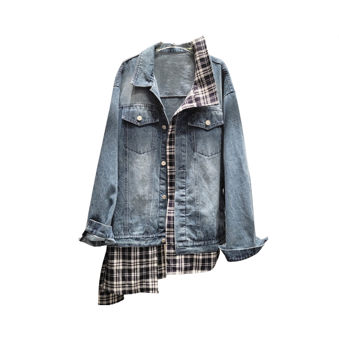 Irregular Spliced Plaid Loose Fit Denim Jacket