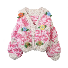 Colorful Handmade Flower Long Sleeved Loose Knitted Cardigan