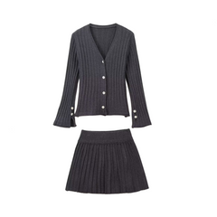 Cuff Slit Pleated Knitted Cardigan + Skirt Set