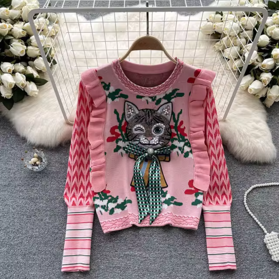 Ruffled Edge Bead Jacquard Kitten Knitted Sweater