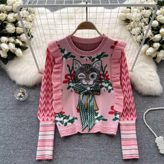 Ruffled Edge Bead Jacquard Kitten Knitted Sweater