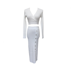 Long Sleeved V-Neck Cropped Top + Button Split Skirt Set