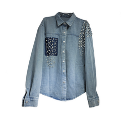 Nail Bead Diamond Inlaid Loose Long Denim Shirt