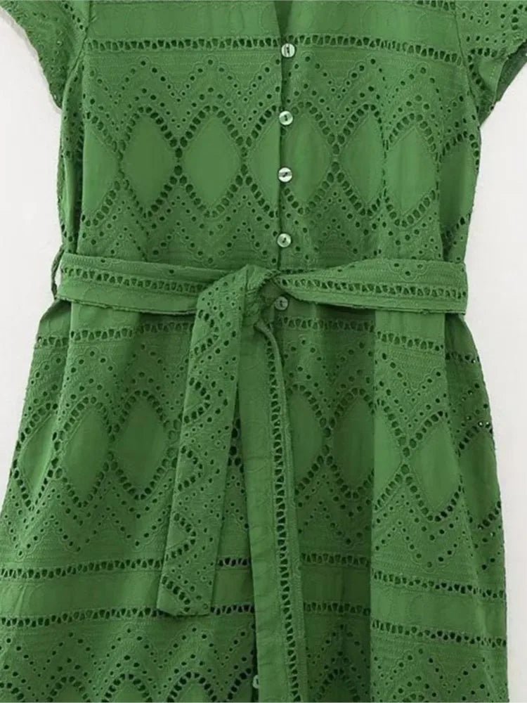 Johnny Collar Eyelet Belted Dress