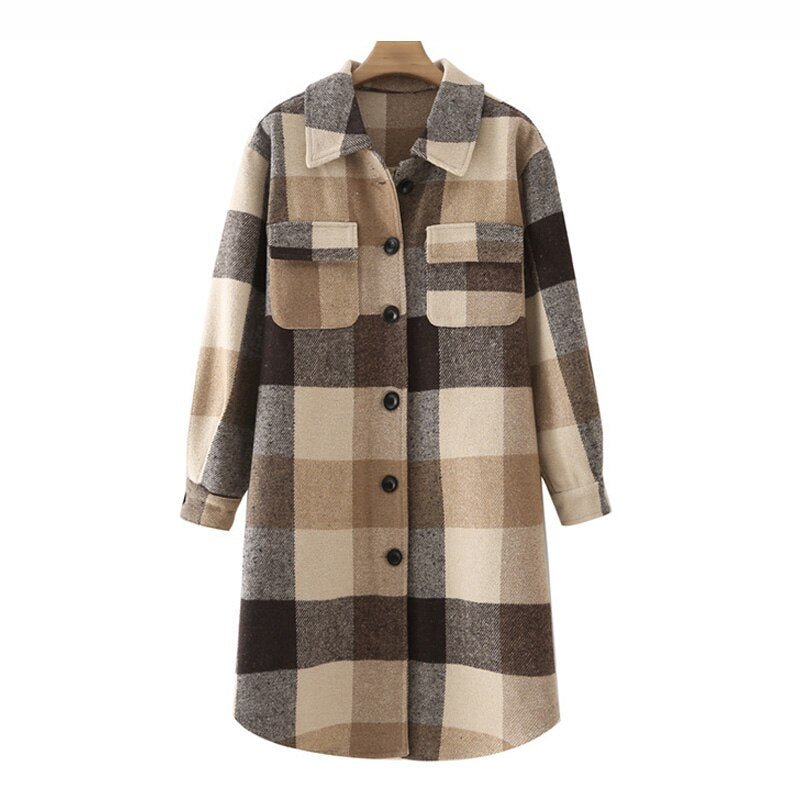 Khaki Plaid Mid-Length Coat