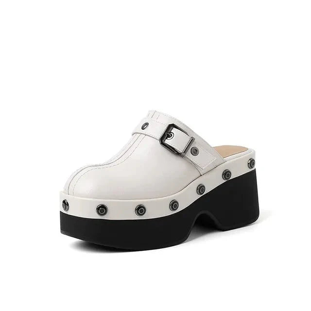 Metal Buckle Rivets Platform Mule