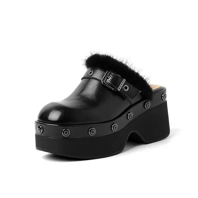 Metal Buckle Rivets Platform Mule
