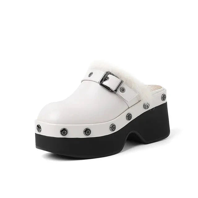 Metal Buckle Rivets Platform Mule