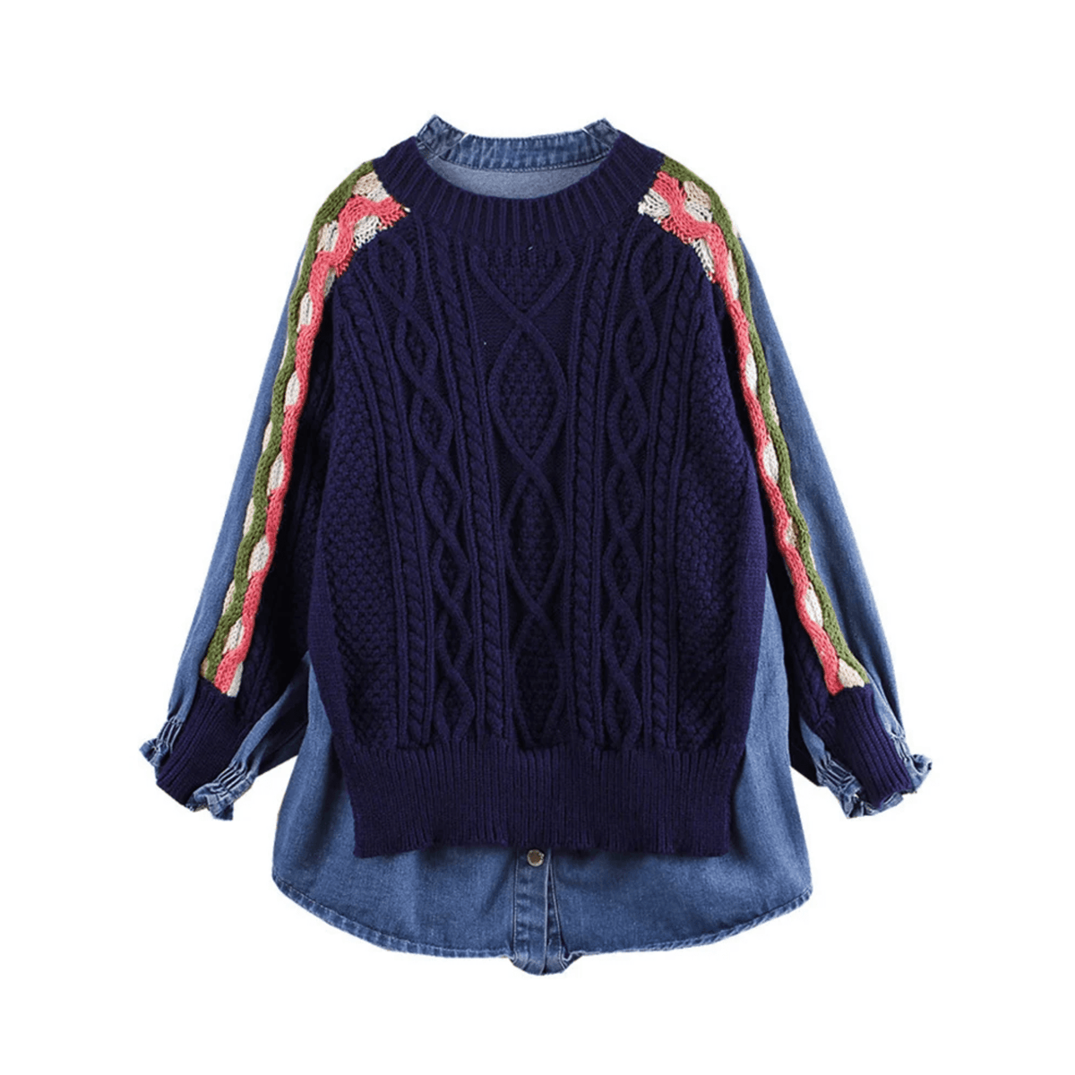 Mock Two-Piece Denim Knit Sweater