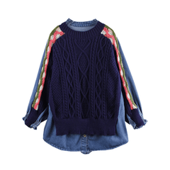 Mock Two-Piece Denim Knit Sweater