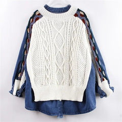 Mock Two-Piece Denim Knit Sweater