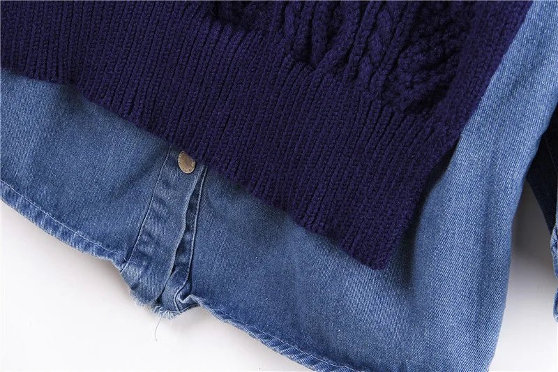 Mock Two-Piece Denim Knit Sweater