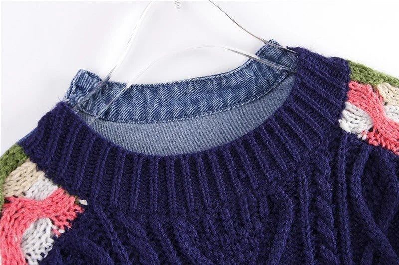 Mock Two-Piece Denim Knit Sweater