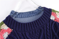 Mock Two-Piece Denim Knit Sweater
