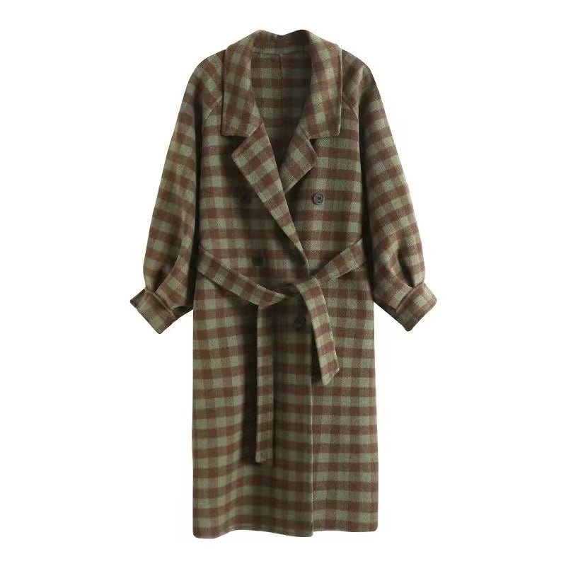 Monochrome Green Plaid Woolen Long Coat