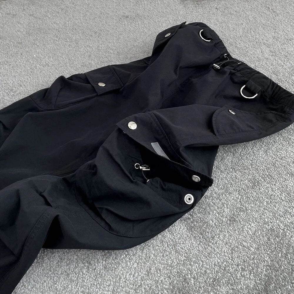 Multi-Pocket Drawstring Back Split Skirt