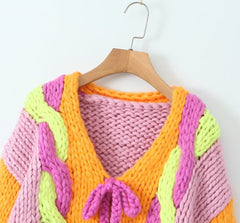 Multicolor Lace-Up Knitted Jacket