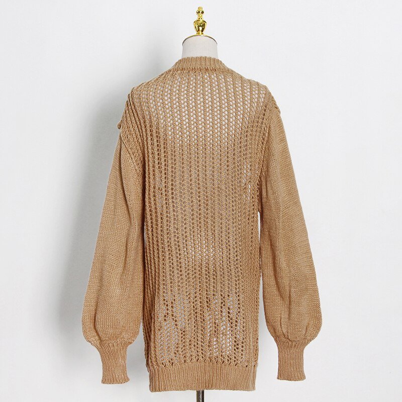 Net Overlay Loose Crochet Sweater