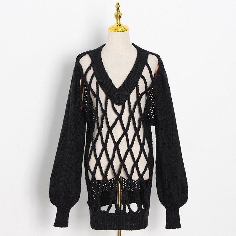 Net Overlay Loose Crochet Sweater