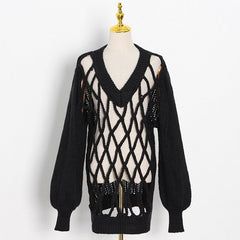 Net Overlay Loose Crochet Sweater