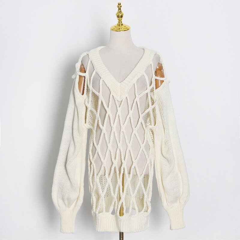 Net Overlay Loose Crochet Sweater