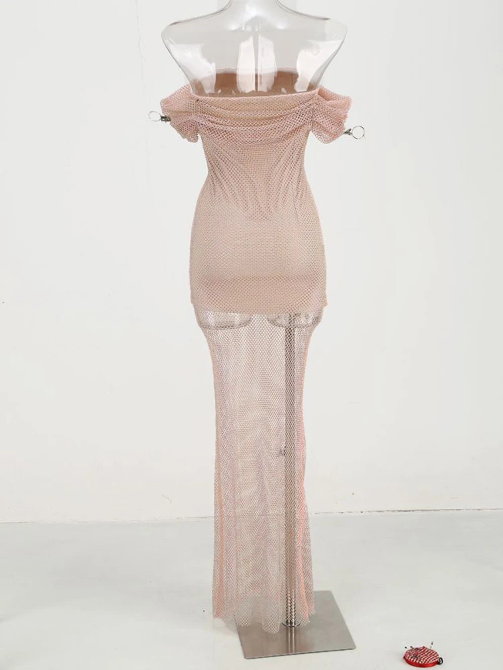 Off-the-Shoulder Rhinestones Mesh Dress