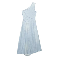 One Shoulder Denim Patchwork Dress