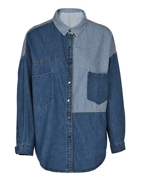 Patchwork Stripes Loose Denim Shirt