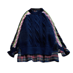 Plaid Contrast Spliced Knit Sweater