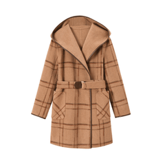 Plaid Hooded Woolen Belt Coat
