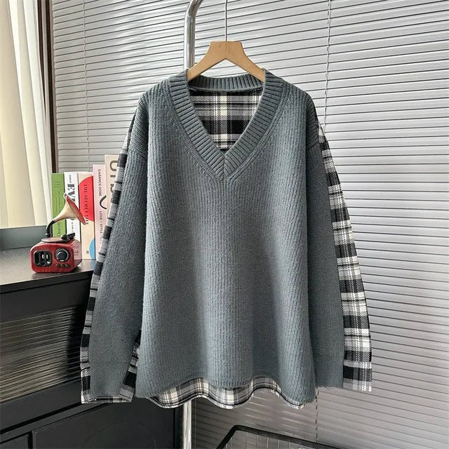 Plaid Patchwork Loose Knit Sweater