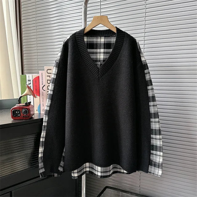 Plaid Patchwork Loose Knit Sweater