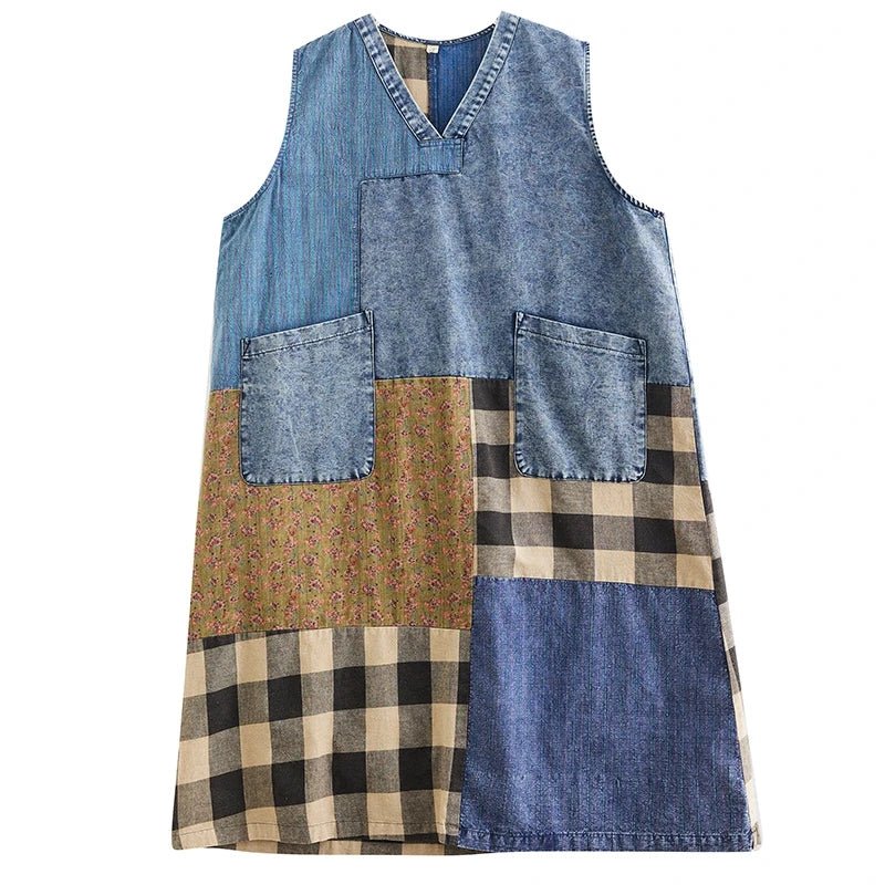 Plaid Patchwork Washed Denim Dress